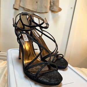 Badgley Mischka Black Glitter Strappy Heels